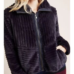 Anthropologie Black Plush Ribbed Zip Jacket